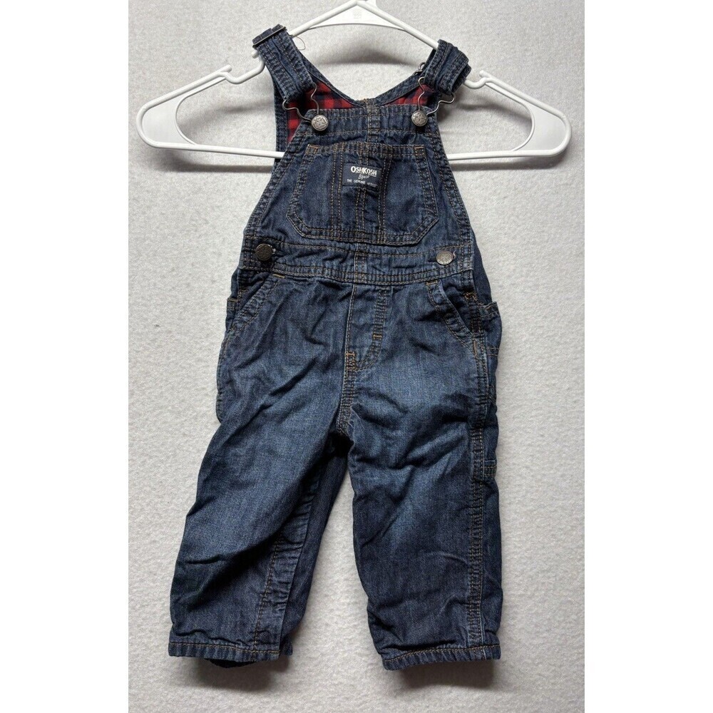 Oshkosh B’Gosh Vestbak Flannel Lined Buffalo Plaid Jean Denim Overalls 12 Months